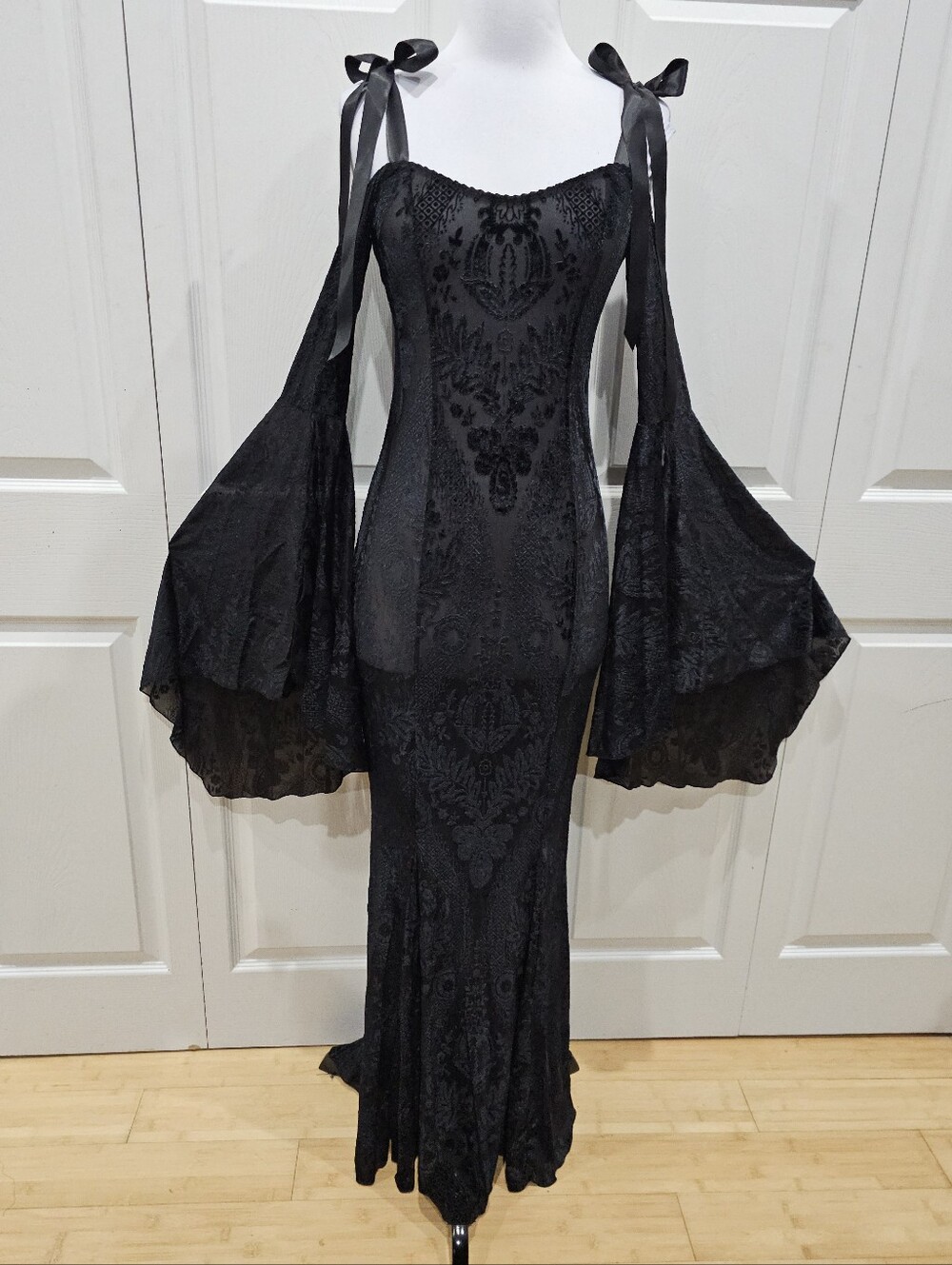 Dolls Kill Sexy Goth Witchy Burnout Velvet Sheer Black Lace Maxi Dress Gown S